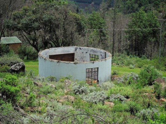 A burnt out roofless structure