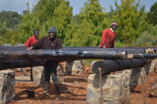 Resting the initial logs on our new stone pillars